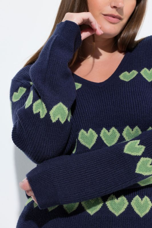 Heart Print Long Sleeve V-Neck Sweater