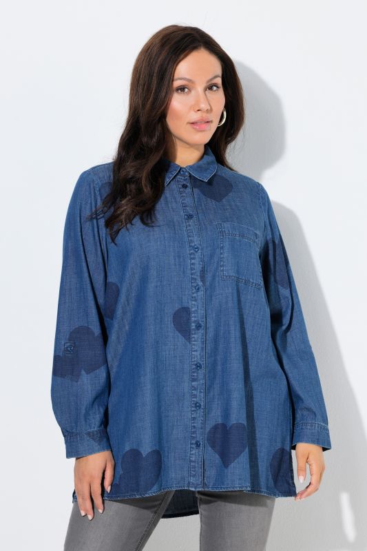 Heart Print Long Sleeve Lyocell Denim Blouse