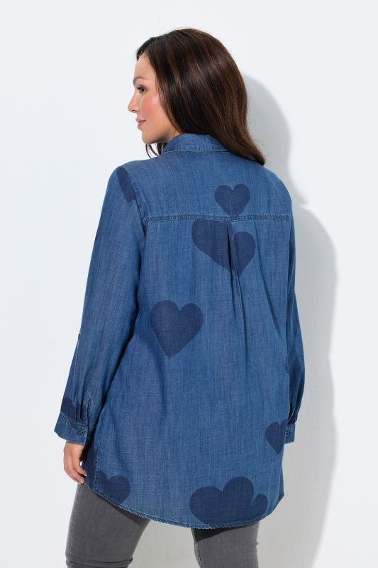 Heart Print Long Sleeve Lyocell Denim Blouse