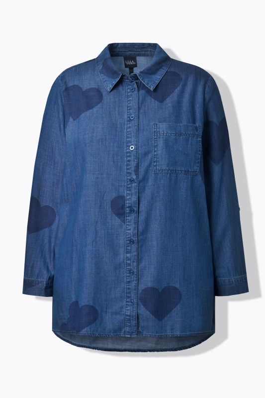 Heart Print Long Sleeve Lyocell Denim Blouse