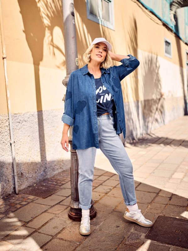 Heart Print Long Sleeve Lyocell Denim Blouse