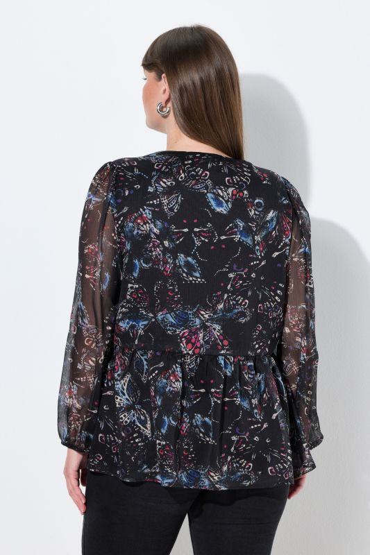 Colorful Butterfly Print Sheer Layered Blouse