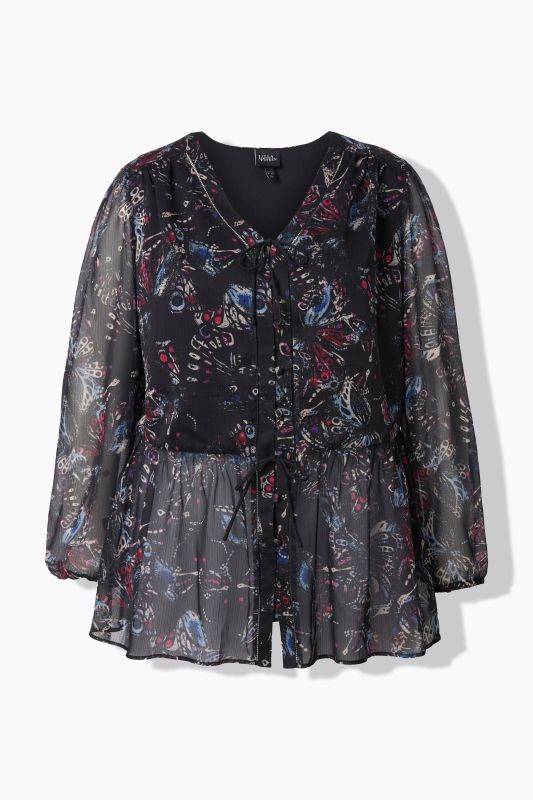 Colorful Butterfly Print Sheer Layered Blouse