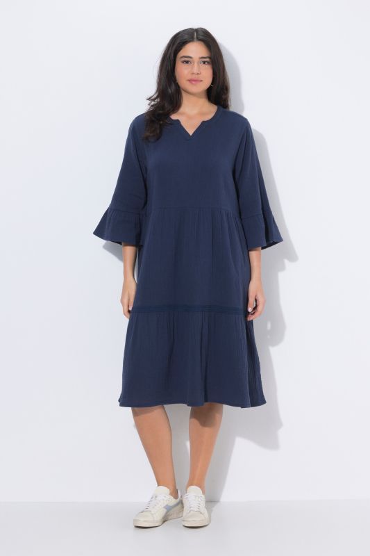Textured Muslin 3/4 Sleeve Flounce Panel Dress