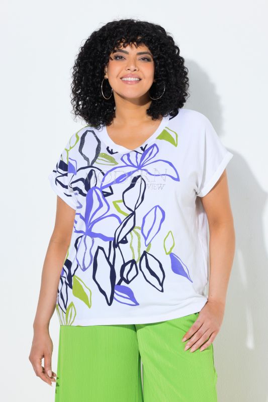 Abstract Leaf Print Cap Sleeve Tee