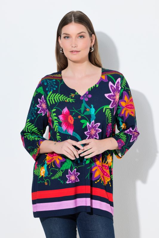 Country Floral Split Neck 3/4 Sleeve Tee