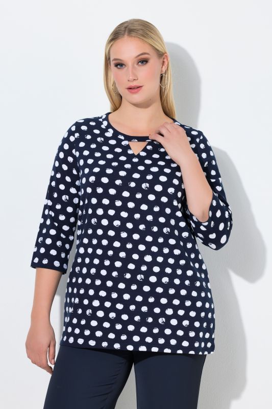 Polka Dot 3/4 Sleeve Keyhole Cutout Tee