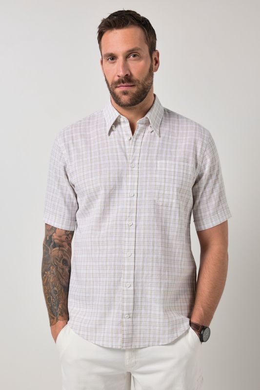 Linen-blend checked shirt
