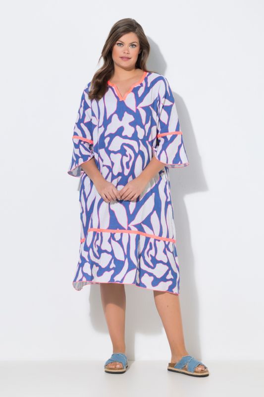 Abstract Print Contrast Color 3/4 Sleeve Muslin Dress