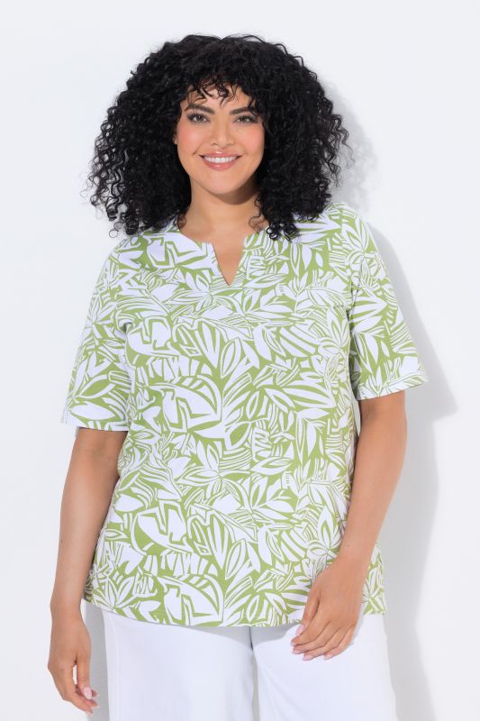 Abstract Foliage Short Sleeve Split Neck Tee