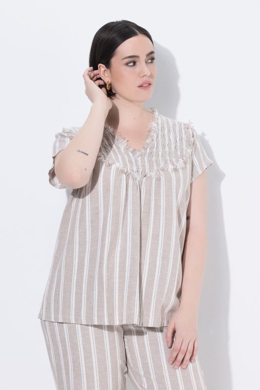 Smocked Raw-Cut Striped Linen Blend Blouse