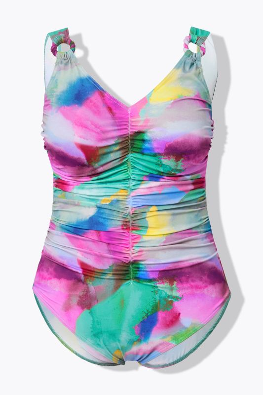 Ruched Watercolor Print One Piece Swimsuit
