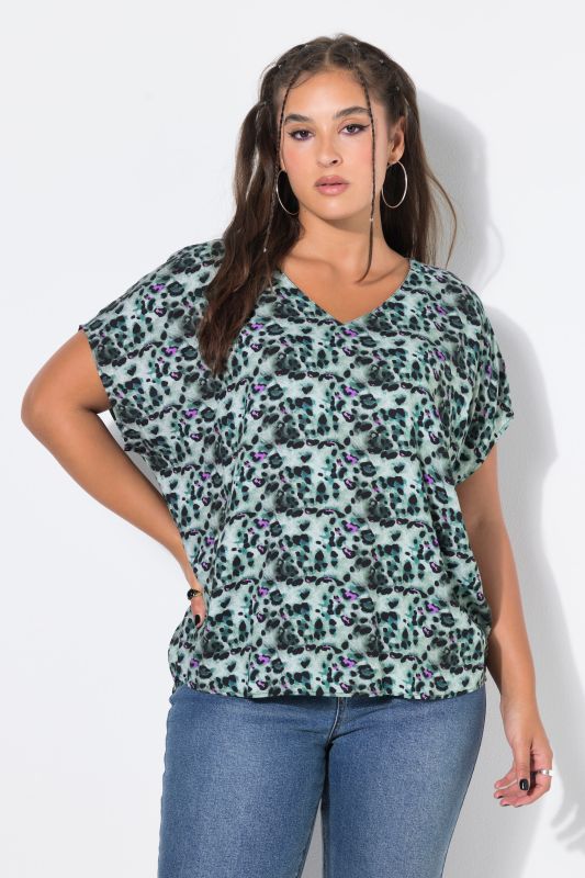 Colorful Leopard Print Cap Sleeve Blouse