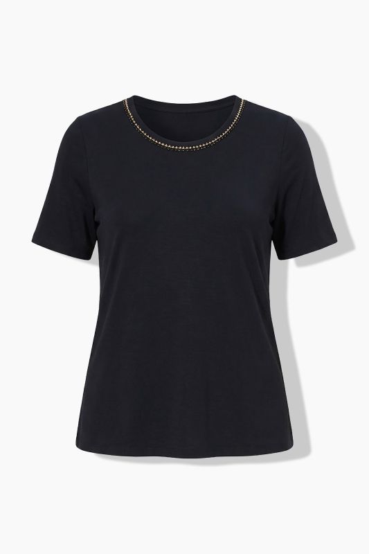 Rhinestone Neckline Lyocell T-Shirt Blouse