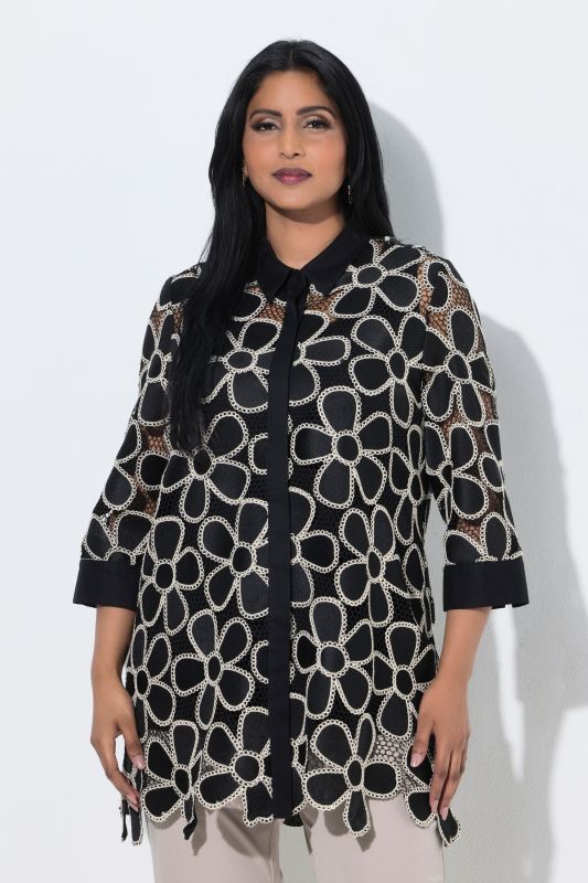 Floral Lace 3/4 Sleeve Button-Down Tunic Blouse