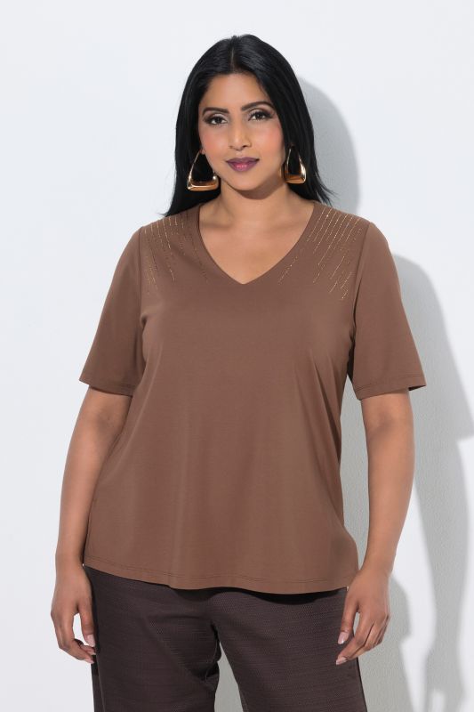 Metallic Beaded Short Sleeve V-Neck Tee