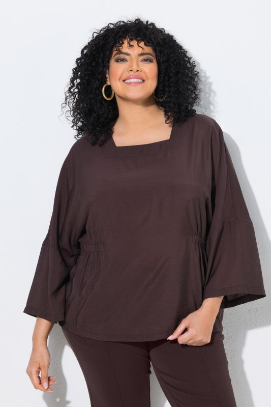 Elastic Cinched 3/4 Sleeve Square Neck Blouse