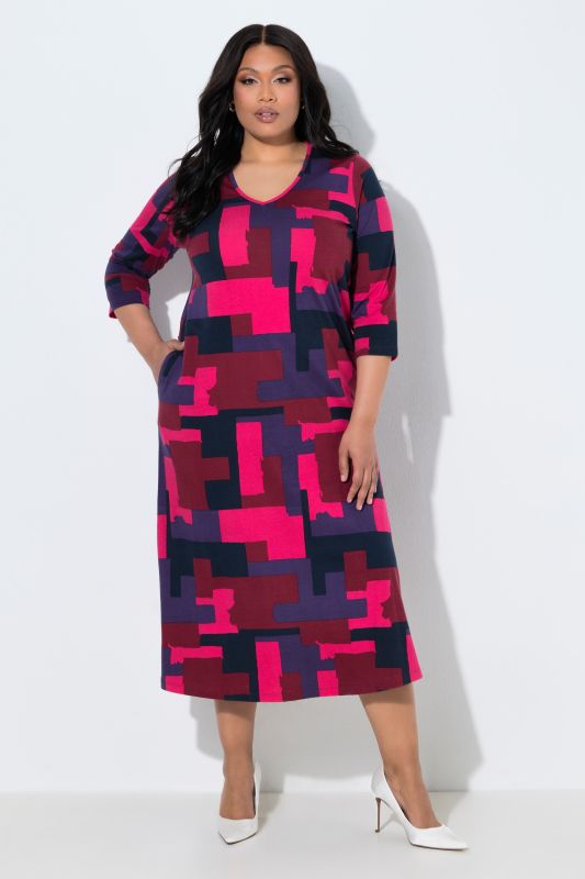 Glowing Colorblock 3/4 Sleeve V-Neck Pocket Dress