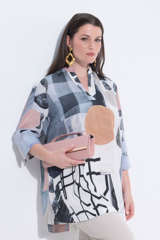 Graphic Patchwork Print 3/4 Sleeve Lyocell Tunic