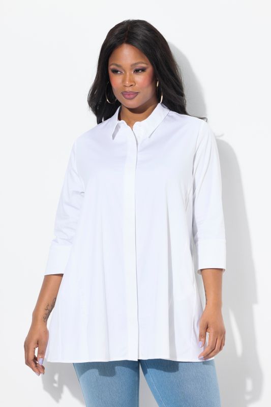 Swing Hem Button Front Stretch Cotton Blend Shirt