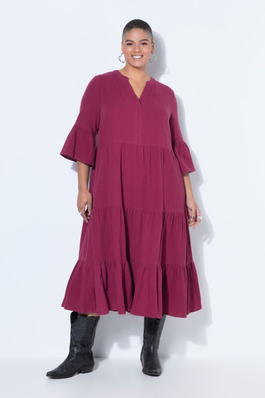 Maxi dress, A-line, muslin, stand-up collar, flounces, 3/4 sleeves