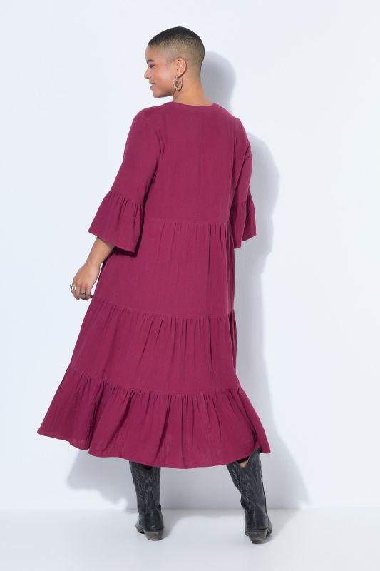 Maxi dress, A-line, muslin, stand-up collar, flounces, 3/4 sleeves