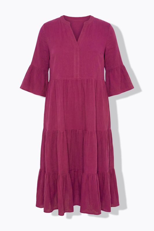 Maxi dress, A-line, muslin, stand-up collar, flounces, 3/4 sleeves