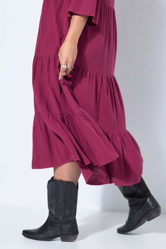 Maxi dress, A-line, muslin, stand-up collar, flounces, 3/4 sleeves