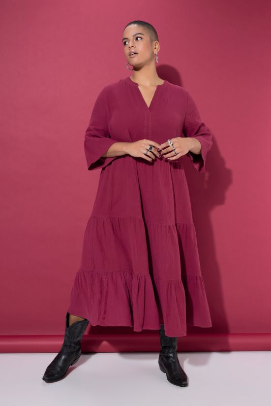 Maxi dress, A-line, muslin, stand-up collar, flounces, 3/4 sleeves