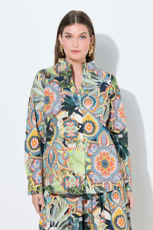 Printed Long Sleeve Goblet Collar Button Down Blouse