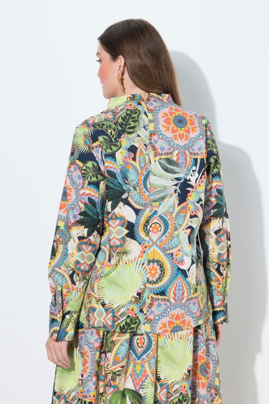 Printed Long Sleeve Goblet Collar Button Down Blouse