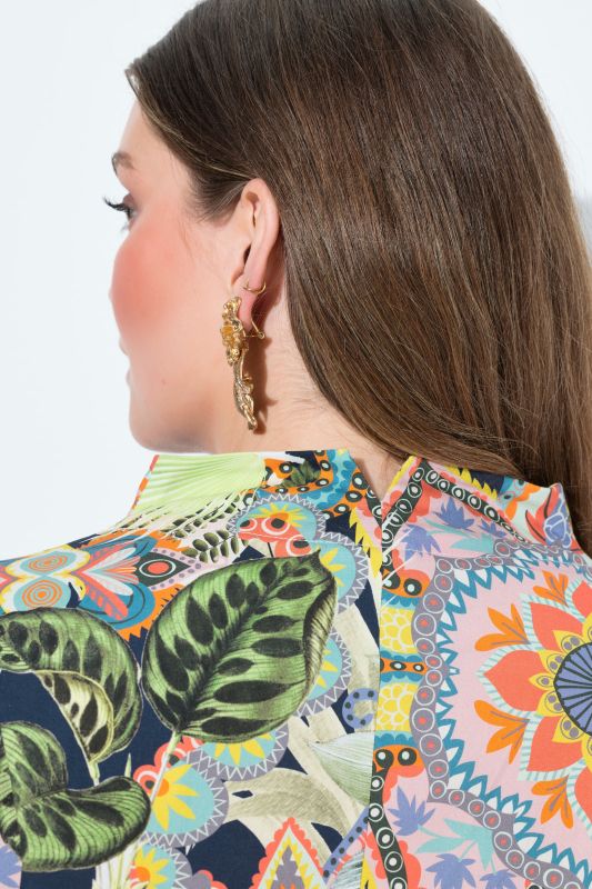 Printed Long Sleeve Goblet Collar Button Down Blouse