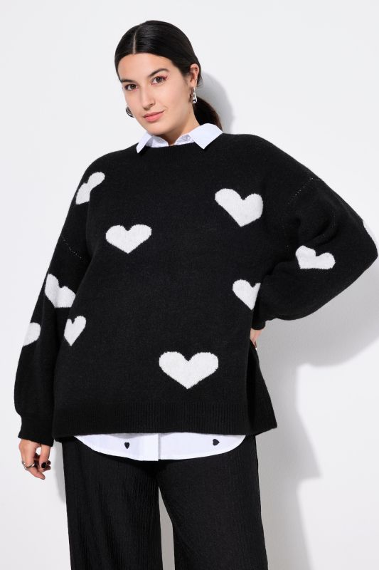 Sweater, oversized, HEARTS pattern, balloon long sleeve