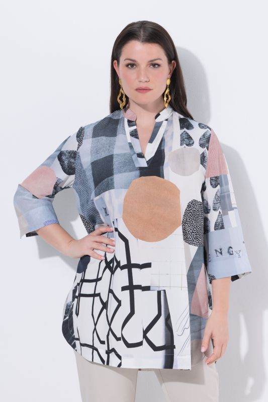 Graphic Patchwork Print 3/4 Sleeve Lyocell Tunic