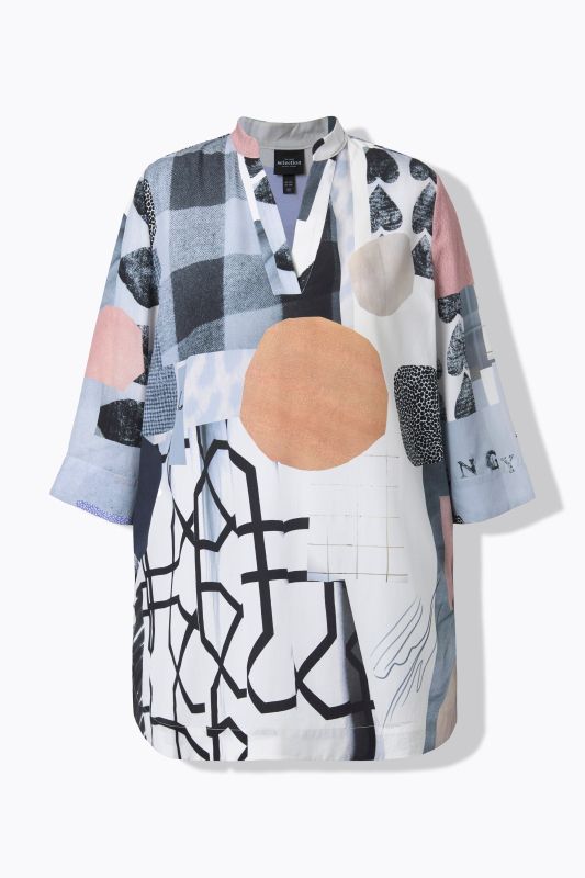 Graphic Patchwork Print 3/4 Sleeve Lyocell Tunic