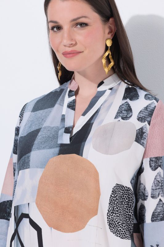 Graphic Patchwork Print 3/4 Sleeve Lyocell Tunic