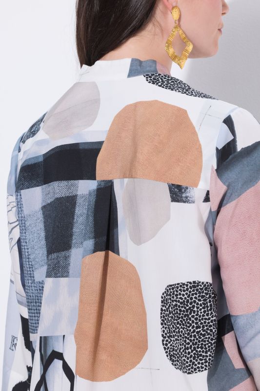 Graphic Patchwork Print 3/4 Sleeve Lyocell Tunic