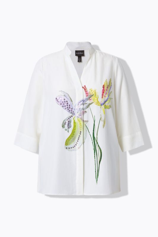 Beaded Iris Motif 3/4 Sleeve Blouse