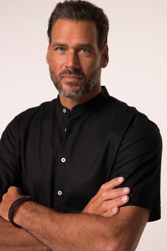 Shirt, short-sleeved, linen blend, stand-up collar, modern fit