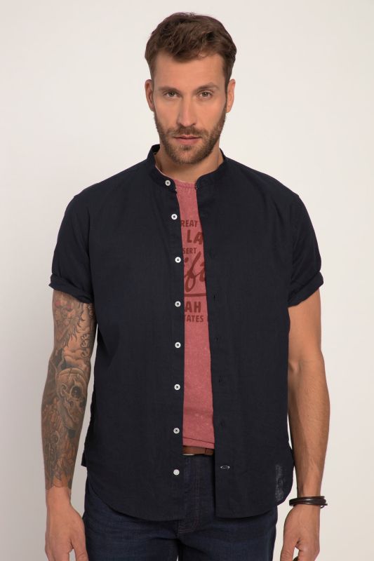 Shirt, short-sleeved, linen blend, stand-up collar, modern fit
