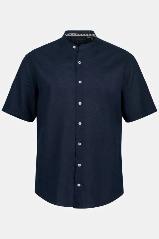 Shirt, short-sleeved, linen blend, stand-up collar, modern fit