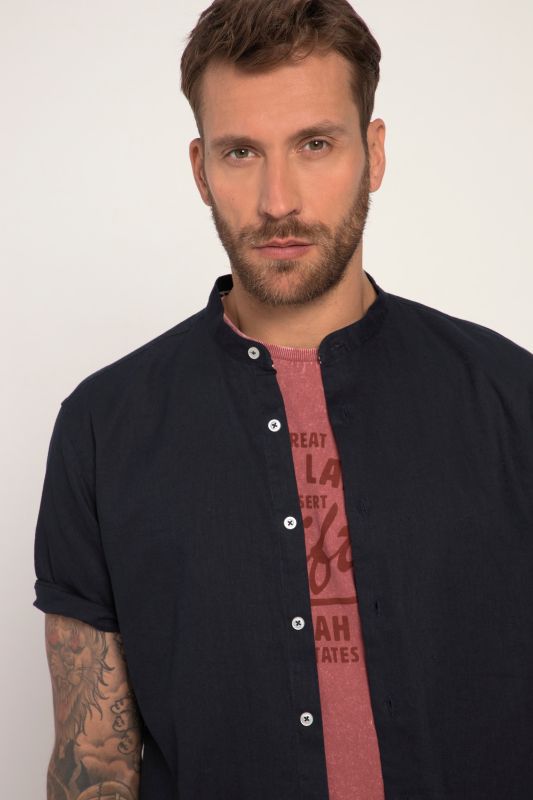 Shirt, short-sleeved, linen blend, stand-up collar, modern fit