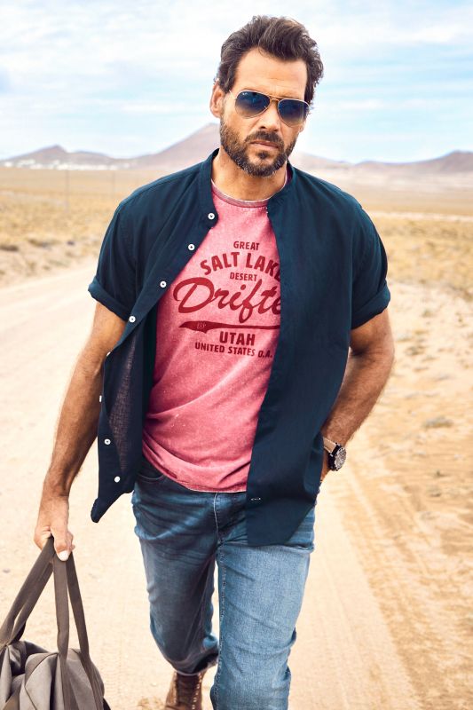 Shirt, short-sleeved, linen blend, stand-up collar, modern fit