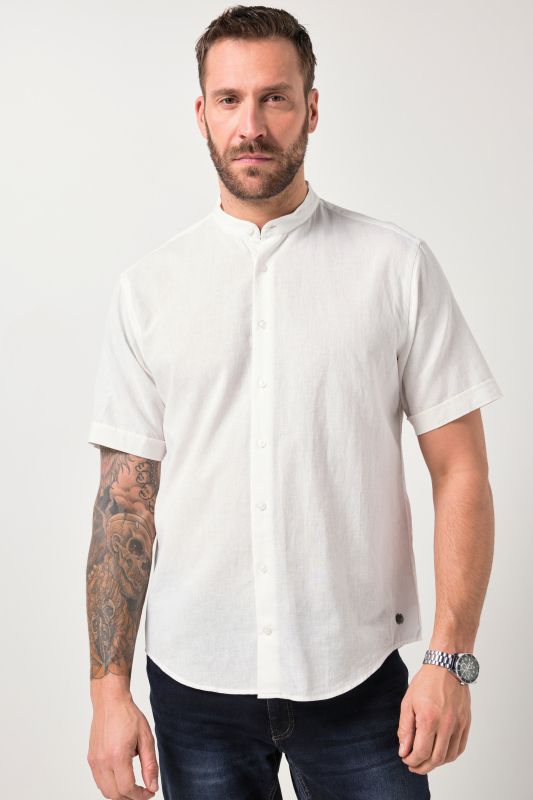Shirt, short-sleeved, linen blend, stand-up collar, modern fit