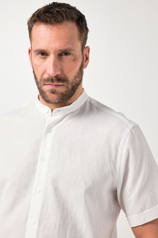 Shirt, short-sleeved, linen blend, stand-up collar, modern fit