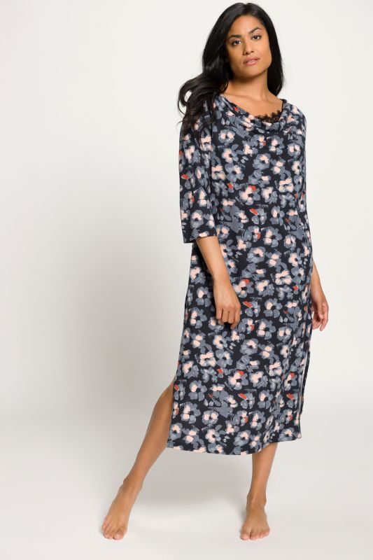 Grey Floral Lace Inset Cotton Blend Knit Nightgown