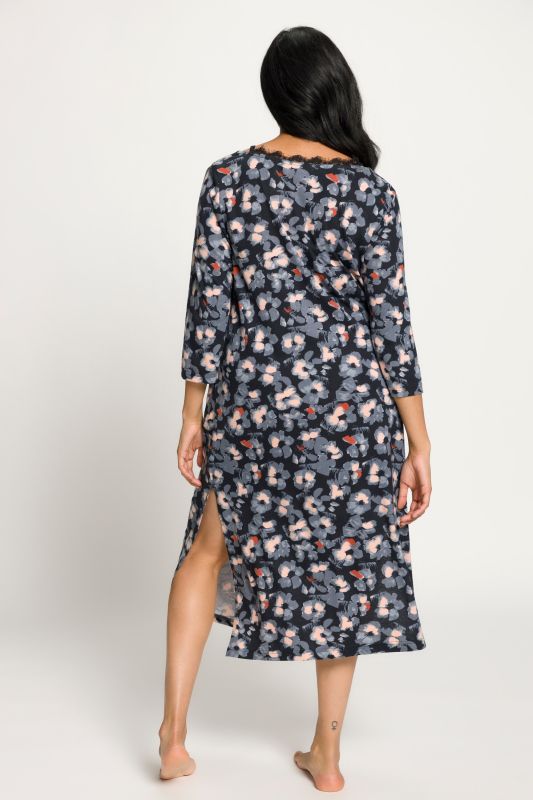 Grey Floral Lace Inset Cotton Blend Knit Nightgown