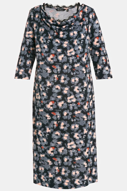 Grey Floral Lace Inset Cotton Blend Knit Nightgown