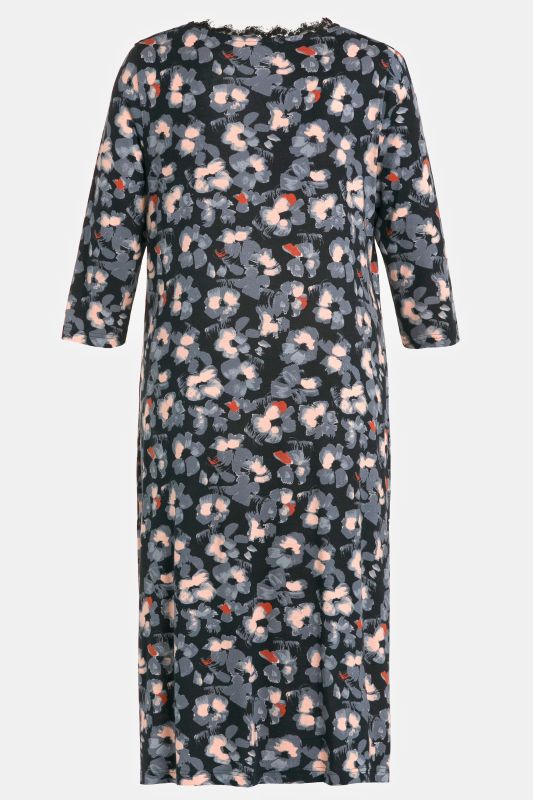 Grey Floral Lace Inset Cotton Blend Knit Nightgown