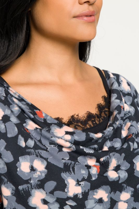 Grey Floral Lace Inset Cotton Blend Knit Nightgown